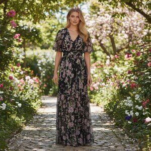 NWT Eywasouls Malibu Floral Chiffon Maxi Dress XS Black